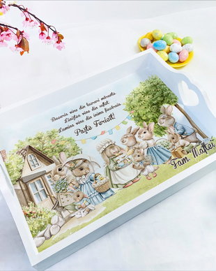 Tavita decorativa personalizata cu tematica de Paste - Charming Bunny Family