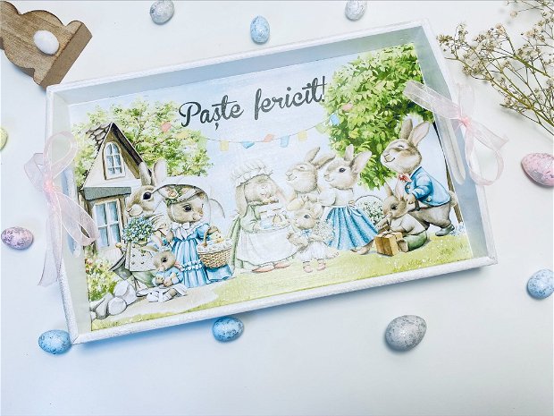 Tavita decorativa personalizata cu tematica de Paste - Charming Bunny Family