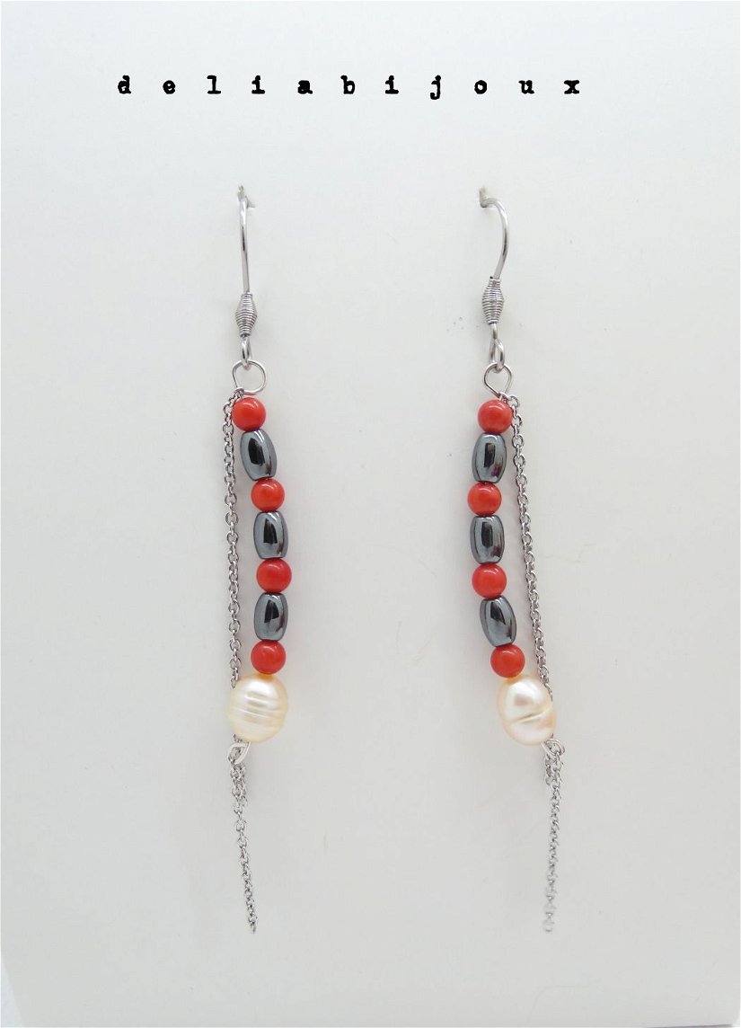 Cercei handmade - perle, coral si hematit (cod1005)