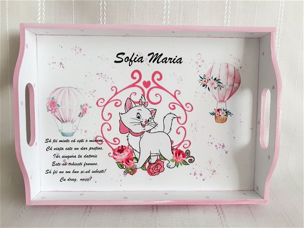 Tavita/set de mot fetita, pisicuta Marie si baloane roz