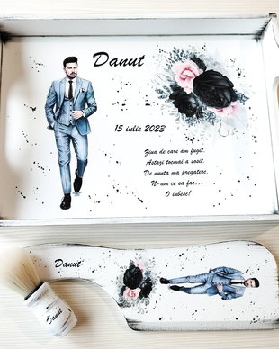 Tavita/set pentru mire, tema mire in costum gri