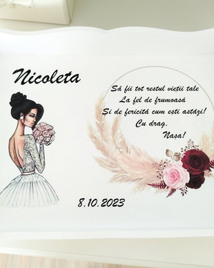 Tavita/set pentru mireasa, tema cununa de stuf si trandafiri