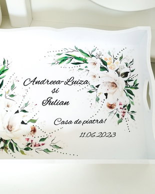 Tavita/set pentru mireasa, tema verde cu alb