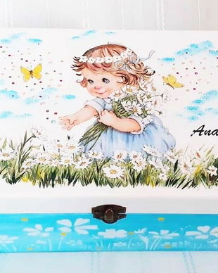 Cutie trusou botez/mot, fetita cu margarete