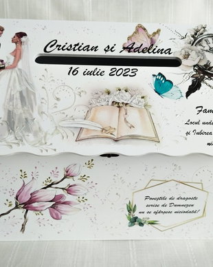 Cutie de dar tip căsuță, cu miri, magnolii si ceas