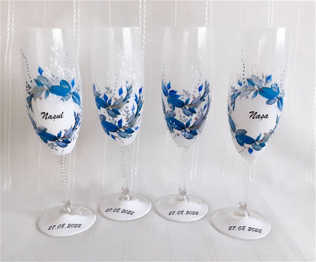Pahare de nunta personalizate, vopsite pudrat, tema albastru