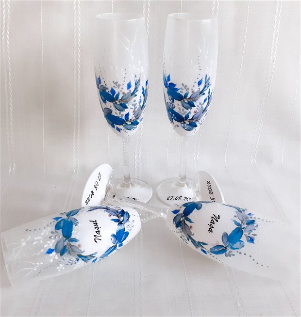 Pahare de nunta personalizate, vopsite pudrat, tema albastru