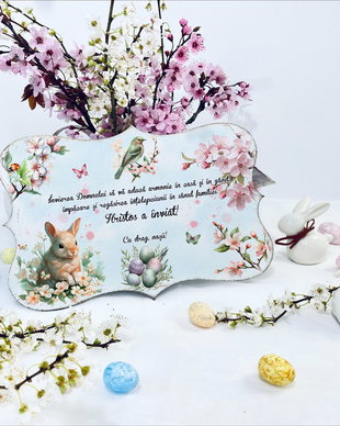 Placuta decorativa din lemn cu tematica de Paste - personalizata cu mesaj