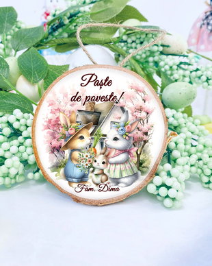 Ornament decorativ pe felie din lemn personalizat cu tematica de Paste
