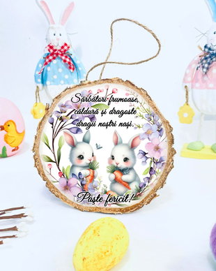 Ornament decorativ pe felie din lemn personalizat cu tematica de Paste