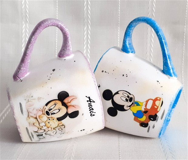 Cana decorata manual pentru copii, tema baby Minnie si Mickey