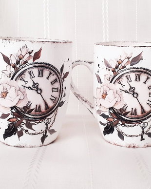 Set 2 cani cu tematica ceas si flori, timpul