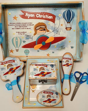 Set personalizat pentru taierea motului / 1an, baieti, tema avion/pilot