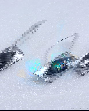 Cercei unicat, atarnatori, romboidali, din argint fin, cu cabochoane piramidale abalone sugar loaf