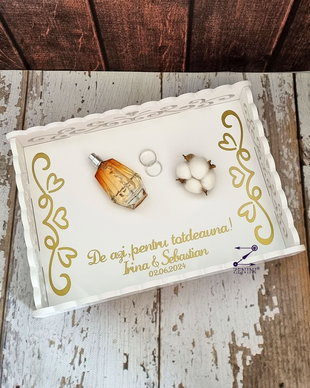 Tava dantelata mireasa, tava mireasa cu model dantelat, tava mireasa personalizata, tava mireasa alba, tava mireasa auriu