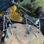 Cercei lungi, asimetrici din argint 925, partial oxidat si pietre de lapis lazuli, moonstone, safir si apatit