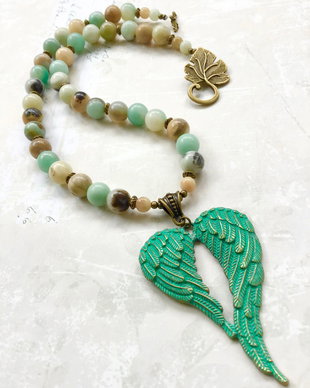 Colier vintage amazonit & aripi inger bronz