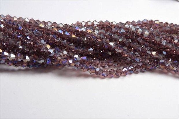 Cristale din sticla, biconice, 4 mm, transparente, AB, purpurii-A05
