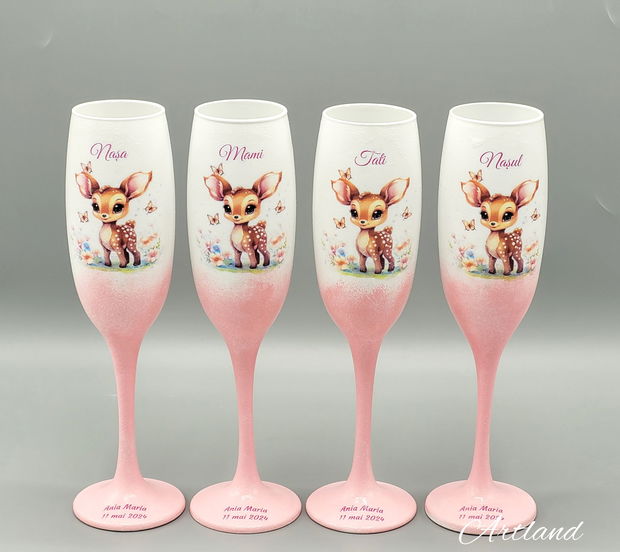 Set de 4 pahare personalizate pentru botez cu tematica Bambi