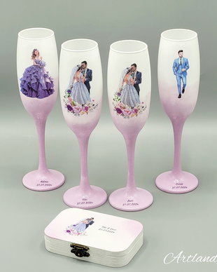 Pahare personalizate pentru nunta cu tematica mov, lila, violet