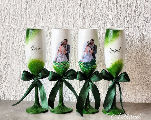 Pahare personalizate pentru nunta verde smarald