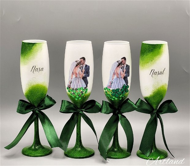 Pahare personalizate pentru nunta verde smarald