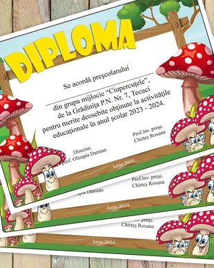 Diploma cu mascota - clasa ciupercutelor - model 190
