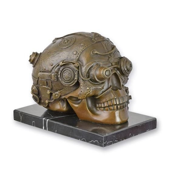 Craniu-statueta steampunk din bronz cu un soclu din marmura