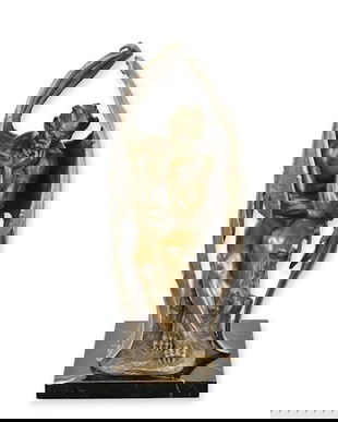 Satan meditand-statueta din bronz pe soclu din marmura