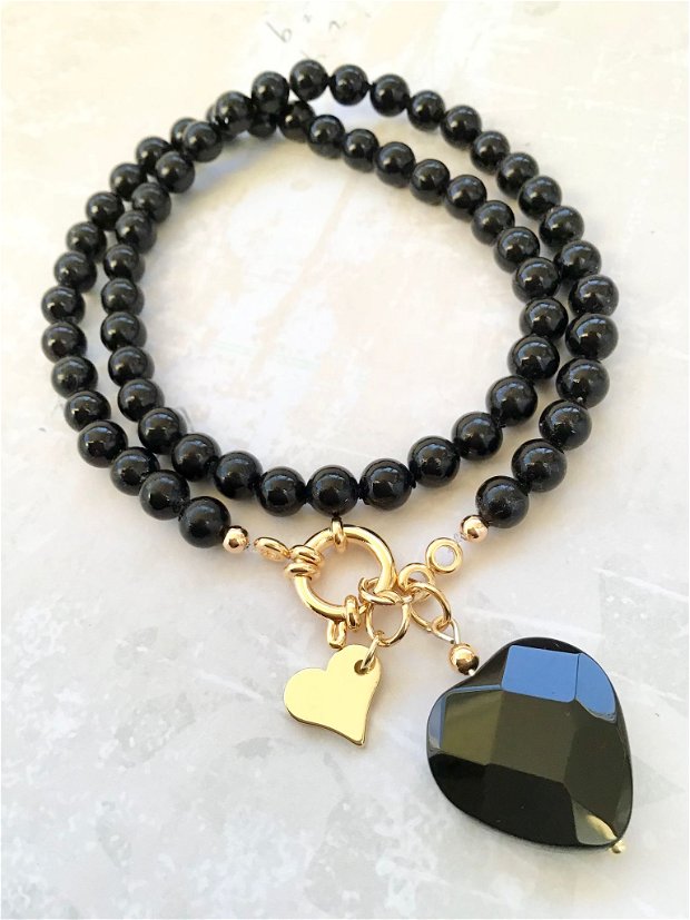 Colier perle negre de Mallorca & inima onix negru