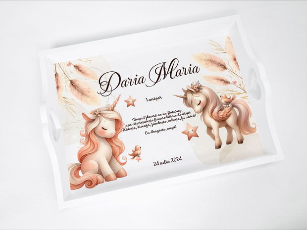 Set aniversar personalizat 1 anisor - Unicorn Dreams - Tavita turta si accesorii