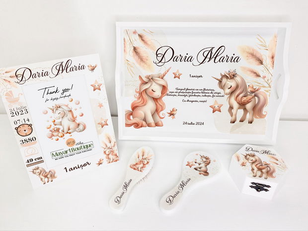 Set aniversar personalizat 1 anisor - Unicorn Dreams - Tavita turta si accesorii