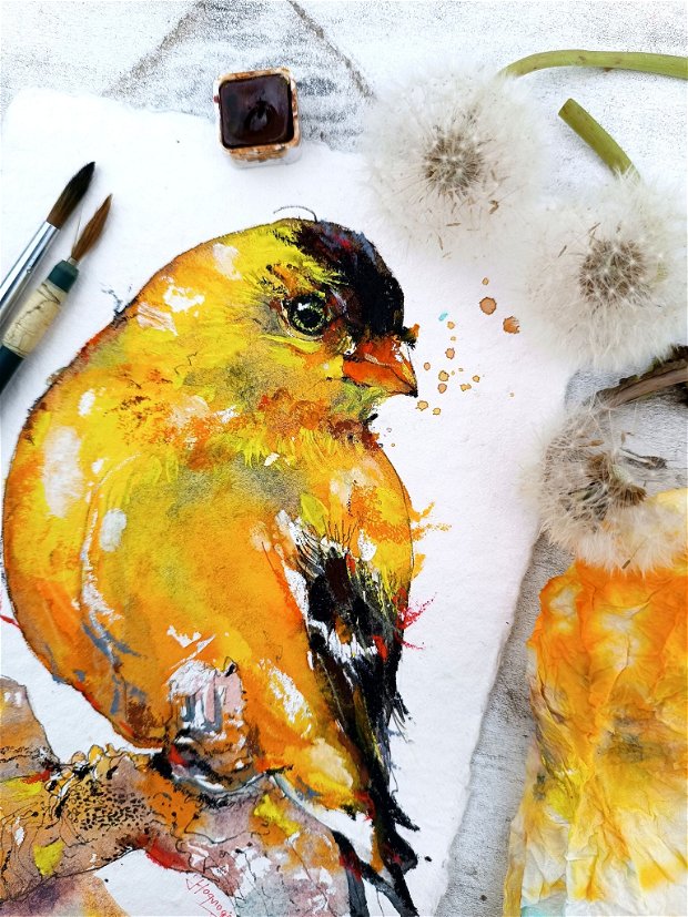 Tablou cu Păpădie - BIRD of The Sun - Birds Collection - Pictura Originală în Acuarelă
