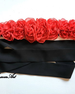 Brau cu flori rosii  Centura cu flori textile Cordon handmade