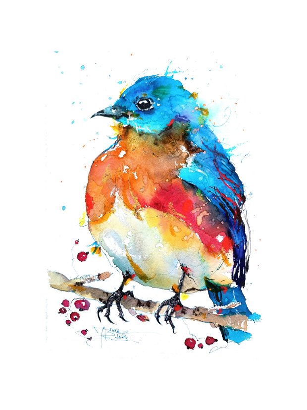 Tablou Blue Robin - Pictura Originală - BIRDS Collection