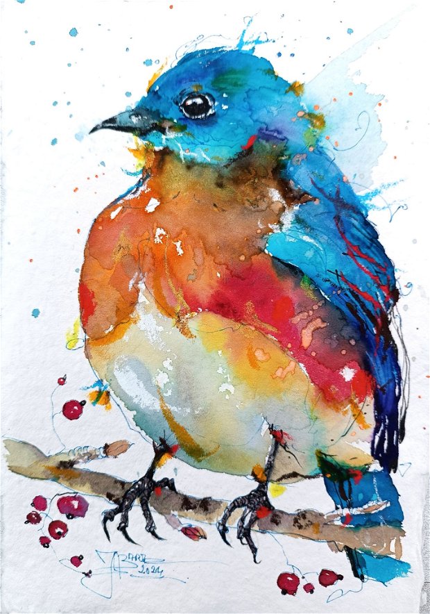 Tablou Blue Robin - Pictura Originală - BIRDS Collection
