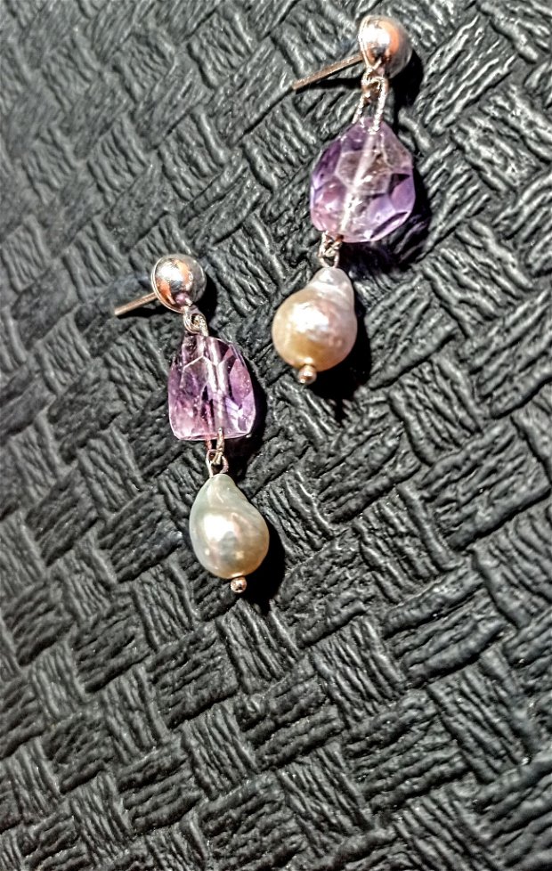Cercei argint ametist perle naturale de cultura baroc trendy - Transport gratuit