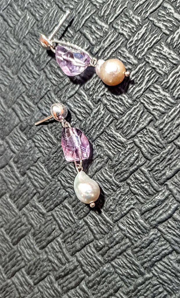 Cercei argint ametist perle naturale de cultura baroc trendy - Transport gratuit