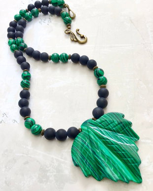 Colier frunza malachit verde & onix brazilian