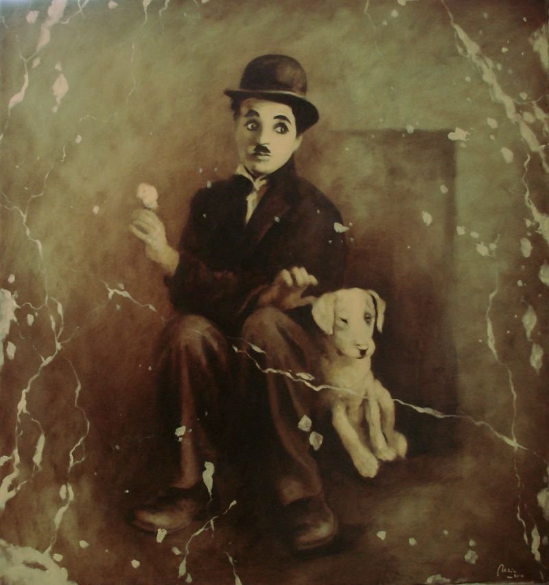 pictura in ulei pe panza ,Vechea poza, Chaplin