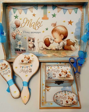 Set personalizat pentru taierea motului / 1an, tema Baietel si catel