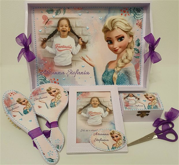 Set personalizat pentru taierea motului / 1an, tema Elsa, Frozen, cu poza