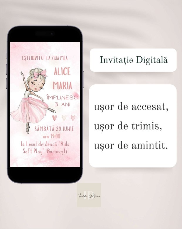 Invitație digitală fetita balerina aniversare sau zi de nastere