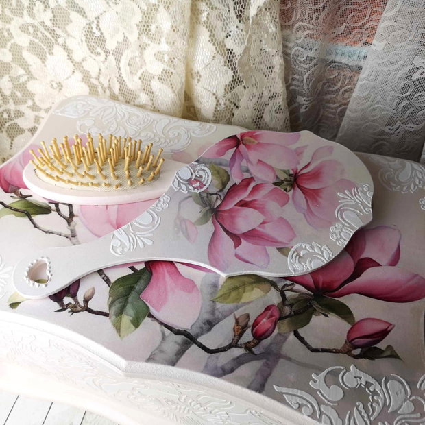 Set pentru gatit mireasa( cufar, perie si oglinda) - tema magnolii roz