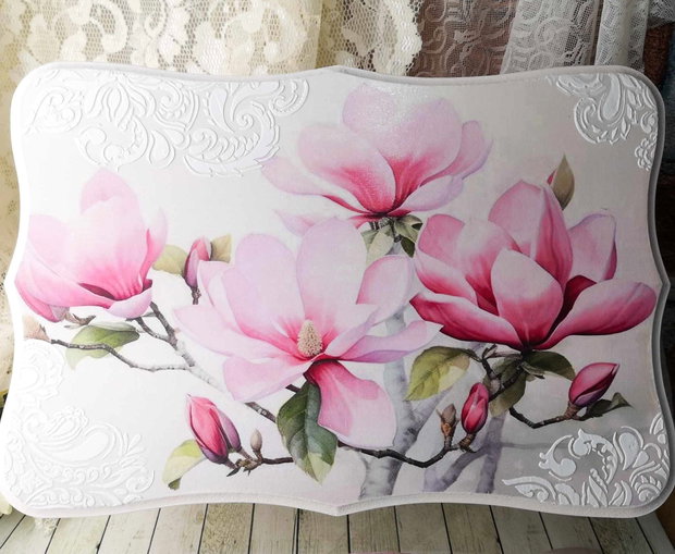 Set pentru gatit mireasa( cufar, perie si oglinda) - tema magnolii roz