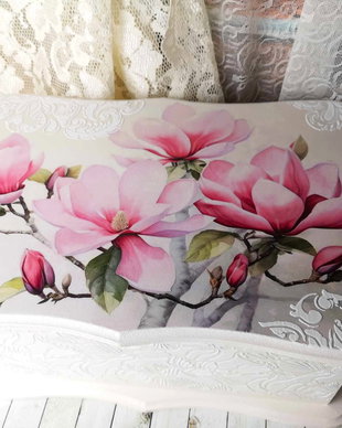 Set pentru gatit mireasa( cufar, perie si oglinda) - tema magnolii roz