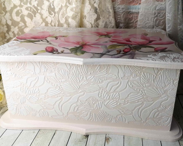Set pentru gatit mireasa( cufar, perie si oglinda) - tema magnolii roz