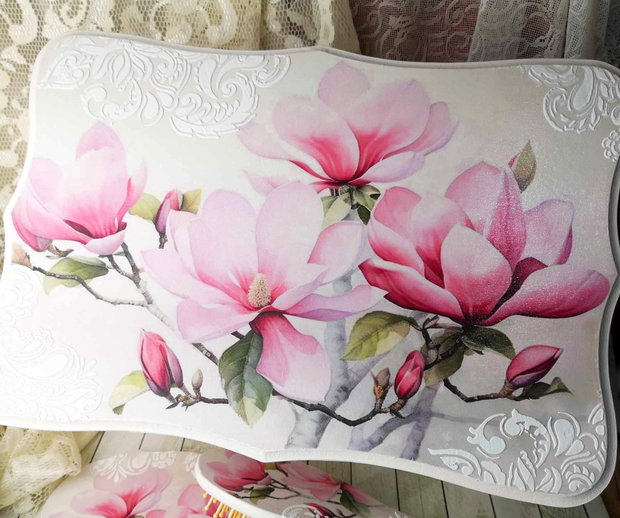 Set pentru gatit mireasa( cufar, perie si oglinda) - tema magnolii roz
