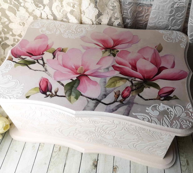 Set pentru gatit mireasa( cufar, perie si oglinda) - tema magnolii roz