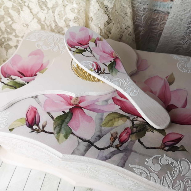 Set pentru gatit mireasa( cufar, perie si oglinda) - tema magnolii roz